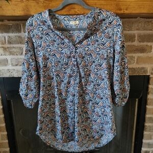 Paisley Print Women's Top - Blue and  Dusty Pink Size M